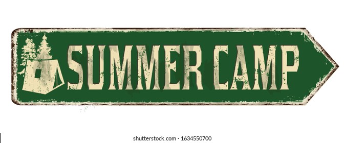 Summer Camp Vintage Rusty Metal Sign On A White Background, Vector Illustration