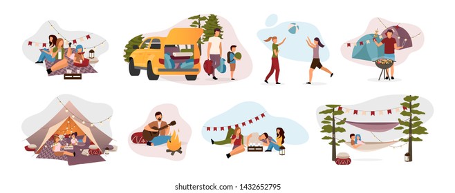 Summer camp visitors flat vector illustrations set. Holidaymakers isolated cartoon characters. Travelers, hikers resting in tent, hammock with campfire. Summertime relax, recreation, countryside trip