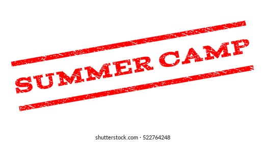 Summer Camp watermark stamp. Text tag between parallel lines with grunge design style. Rubber seal stamp with dust texture. Vector red color ink imprint on a white background.