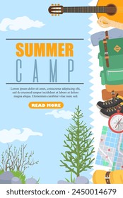 Summer camp web banner decorated with different traveling accessories