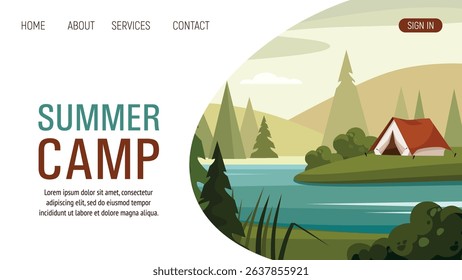 Summer camp web banner or website. Camping tent among fir trees and lake. Camping in nature, picnic, traveling, hiking.