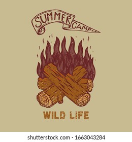 Summer camp. wild life. Vintage design with campfire. For poster, banner, emblem, sign, logo. Vector illustration