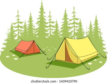 Summer camp. Wild nature landscape with camping tents. Outdoor recreation and tourism. Vector illustration