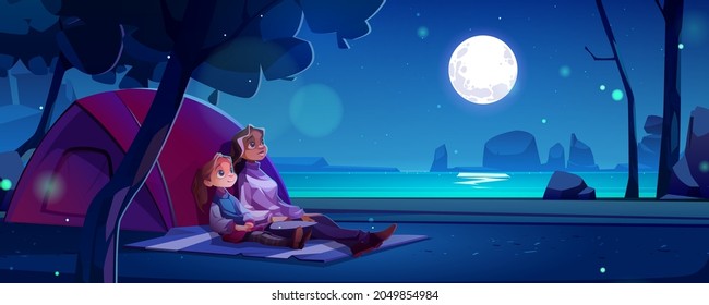 Summer camp with woman and girl sitting on blanket at night. Vector cartoon landscape with river, trees, rocks and campsite with tent and mother with child watching on sky with moon and stars