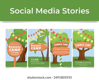 Summer camp wooden signboard at park social media stories design template set isometric vector illustration. Childish kindergarten summertime recreation adventure vacation advertising flag green tree