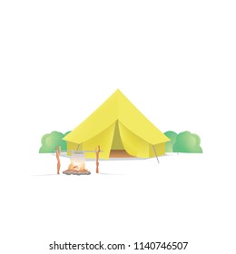 Summer Camp with the yellow camp and campfire on white background illustration vector. Camping concept.