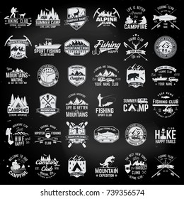 Summer camp,fishing, alpine and hiking club. Vector illustration. Set of vintage badges, labels, logos, silhouettes. Vintage typography collection with 36 items. Outdoors emblems on the chalkboard