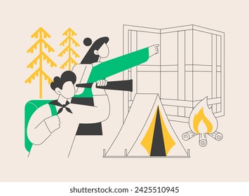 Summer camping abstract concept vector illustration. Caravan camping service, accommodation, national park, summer adventure, tourism for kids, scout program, survival skills abstract metaphor.