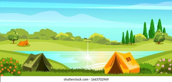 Summer camping background with campsite near the lake and forest. Horizontal vacation banner with colorful tents, river, bushes and flowers. Outdoor weekend concept for games, advertisements