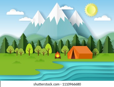 Summer camping background with forest, mountains, lake, campfire and tent. Vector illustration in paper art style.