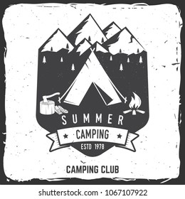 Summer Camping badge. Vector illustration. Concept for shirt or print, stamp, travel badge or tee. Vintage typography design with Camper tent, campfire, axe and mountain silhouette.