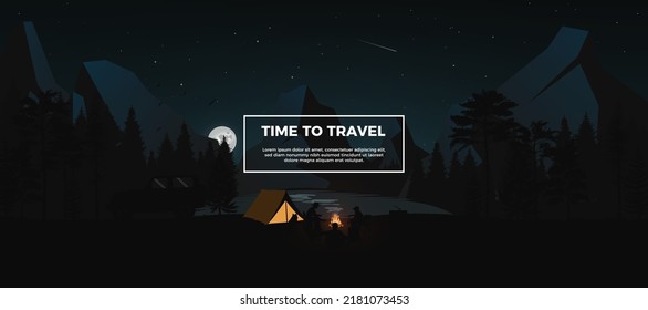 Summer camping banner. Night camp with pine forest, rocky mountains and lake. Travelers silhouettes near bonfire and tent. Starry night sky with moonlight. Nature landscape, poster design template.