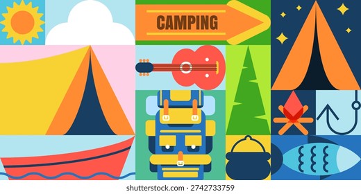 Summer camping banner poster with geometric layout. Background with tent, backpack, campfire. Vector design elements for outdoor adventure, recreation travel, vacation or nature exploration