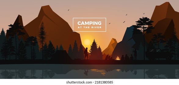 Summer camping banner. Sunset camp with pine forest, rocky mountains and lake. Travellers silhouettes near bonfire and tent. Birds fly in sky with sunset. Nature landscape, poster design template.