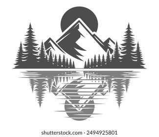 Summer Camping. Black and white vector art silhouette of pine tree, mountain, sun, water reflection. 