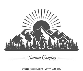 Summer Camping. Black and white vector art silhouette of pine tree, mountain, sun, water reflection. 