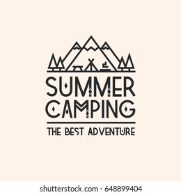Summer camping card with landscape consisting of mountains, trees, tent, campfire and table black color line style for logo, emblem, sticker, poster, banner, brochure, label, design t-shirt, badge etc
