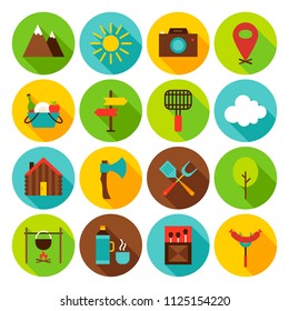 Summer Camping Circle Icons Set. Flat Design Vector Illustration. Collection of Web Symbols.