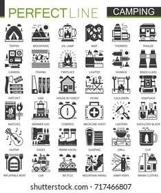 Summer camping classic black mini concept symbols. Vector hiking modern icon pictogram illustrations set.