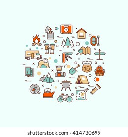 Summer camping, climbing, trekking, hiking, mountaineering, extreme sports, outdoor vector concept with line icons. Climbing outdoor, expedition outdoor trekking, adventure outdoor hiking, outdoor