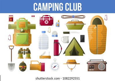 Summer camping club or camping vector tools icons