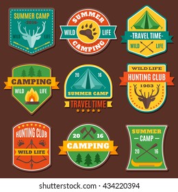 Summer camping colorful emblems with axe antlers boat tent animal track on brown background isolated vector illustration