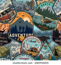 Summer camping colorful seamless pattern of vintage labels with animals travel bus and car tent nature landscapes travelers hikers vector illustration