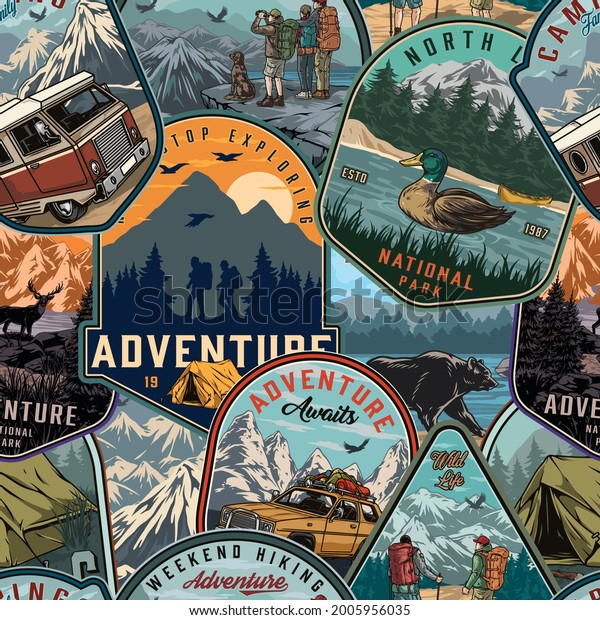 Summer camping colorful seamless pattern of\
vintage labels with animals travel bus and car tent nature\
landscapes travelers hikers vector\
illustration
