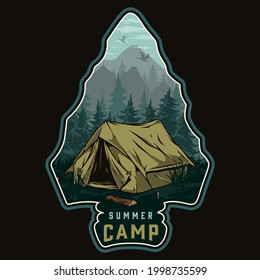 Summer Camping Colorful Vintage Label With Tent Forest And Mountains Landscape Inside Arrowhead Silhouette Isolated Vector Illustration