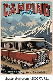 Summer camping colorful vintage poster with motorhome and flying birds on mountains landscape vector illustration