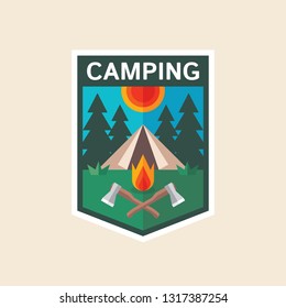 Summer camping - concept badge in flat design style. Adventure retro shield logo vector illustration. Expedition explorer creative  sign. Camp icon. Extreme exploration vintage graphic emblem. 