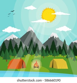summer camping concept with tent in the forest, vector illustration