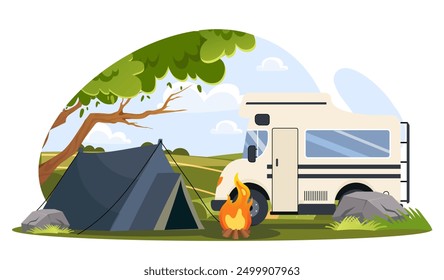 Summer camping concept. Tent and grooovik near fire. Active lifestyle. Travel, trips and tourism. Campsite with bonfire in forest. Flat vector illustration isolated on white background