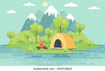 Summer Camping day and sunset graphic posters. Banners with mountains, trees, tent and campfire. Climbing, hiking, trekking sports Vector illustration.