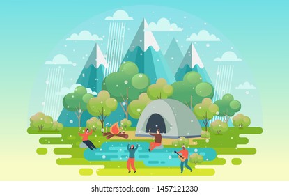 Summer Camping day and sunset graphic posters. Banners with mountains, trees, tent and campfire. Climbing, hiking, trekking sports Vector illustration.