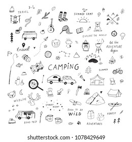 Summer camping doodle illustrations hand drawn vector set