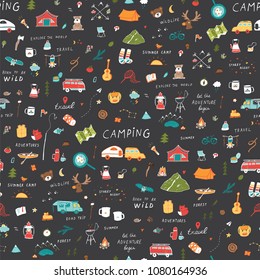 Summer camping doodle illustrations hand drawn vector seamless pattern