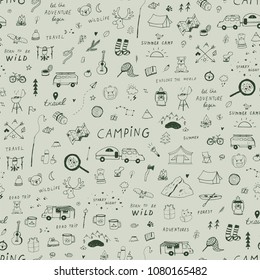 Summer camping doodle illustrations hand drawn vector seamless pattern
