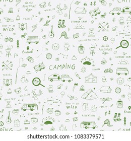 Summer camping doodle illustrations hand drawn vector seamless pattern