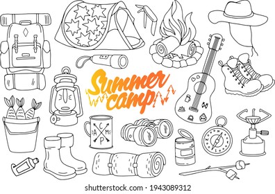 Summer camping doodle set vector, hand drawn collection. Adventure clipart, travel set, holiday elements