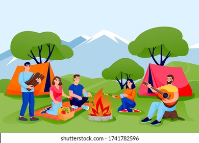 Summer camping and ecotourism. Happy friends have rest in forest or mountains camping in tents. Vector flat cartoon people characters illustration. Outdoor leisure activity and nature tourism concept