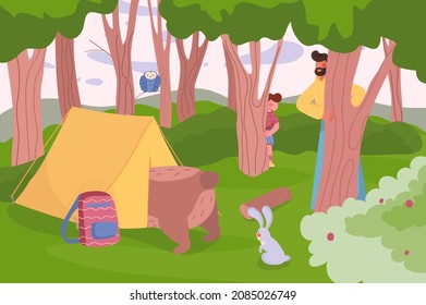 Summer camping and family activity at nature background. Bear climbed into tent, father and son hiding behind trees. Forest scenery with trees and animals. Vector illustration in flat cartoon design