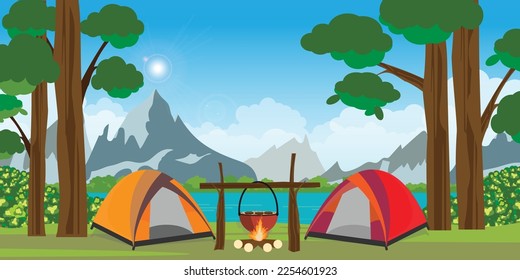 Summer camping. Forest landscape with lake, tent and campfire. Tent with bonfire on forest background.Camping concept with outdoor wild nature.Summer travel vector illustration.