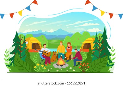 Summer Camping. Forest landscape with tourists around the campfire. Tourists are playing the guitar, drinking hot tea and roasting marshmallows. Flat vector illustration in cartoon style.