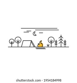 Summer Camping in the forest. Night by Campfire line icon concept. Activity Tracking Hiking Vacation outdoor. Vector illustration on white background