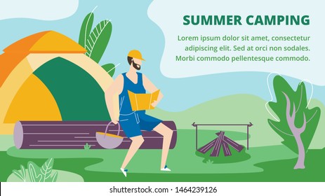 Summer Camping in Forest, Vacation, Leisure Horizontal Banner. Man in Shorts and Cap Watching Map and Holding Bowler on Huge Log near Campfire and Tent, Prepare Food, Cartoon Flat Vector Illustration