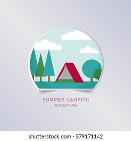 Summer camping greeting card typography flyer template with lettering. Poster, card, label, banner design set. Vector illustration