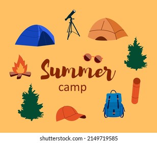 Summer Camping, Hiking banner. Fireplace, trees, tents and other elements. Flat Vector illustration.
