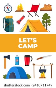 Summer camping and hiking equipment set. Big collection of icons for sports, adventures in nature, recreation and tourism concept design. Vector illustration