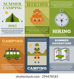 Summer camping and hiking mini poster set isolated vector illustration